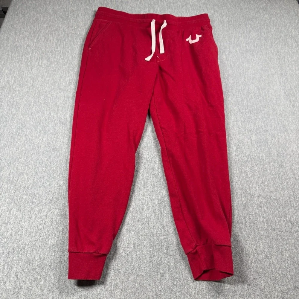 True Religion Sweatpants Mens L Red Horseshoe Logo Fleece Elastic Cuff Jogger